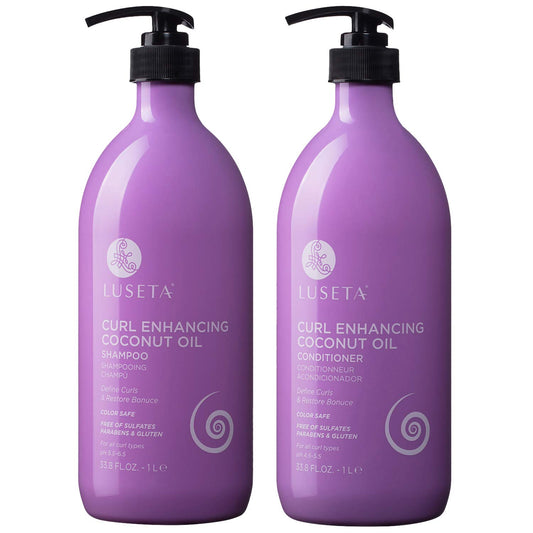Luseta Curly Shampoo bottle with coconut oil for moisture and bounce.