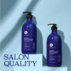 Luseta daily hair care routine shot featuring blue shampoo and conditioner.