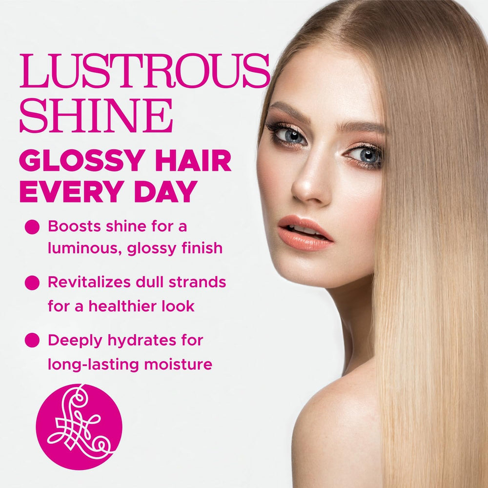 Luseta Glossy Pearl set graphic illustrating frizz-control and smoothness.