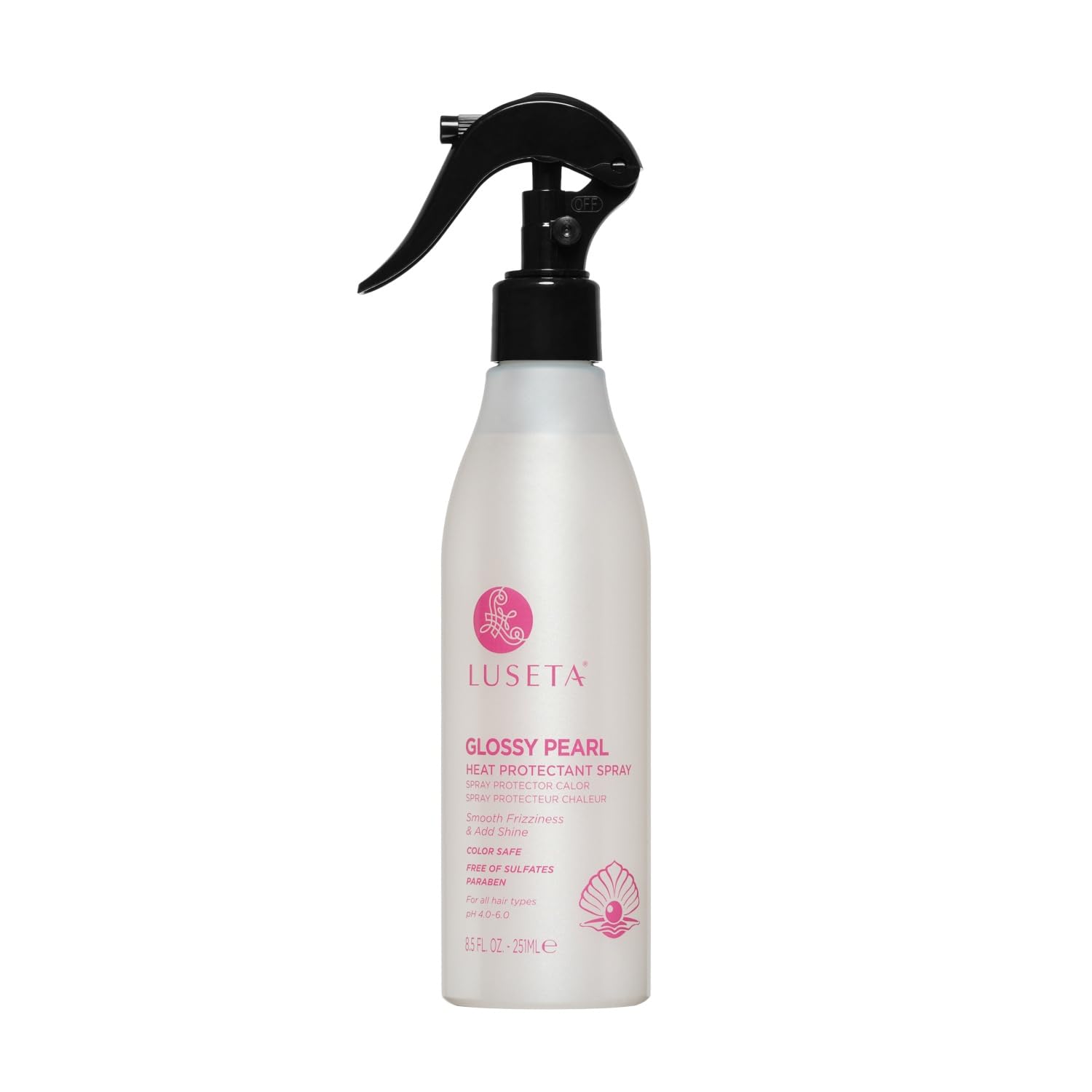 Luseta Glossy Pearl heat protectant spray bottle front, ready to shield hair