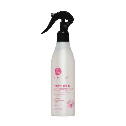 Luseta Glossy Pearl heat protectant spray bottle front, ready to shield hair