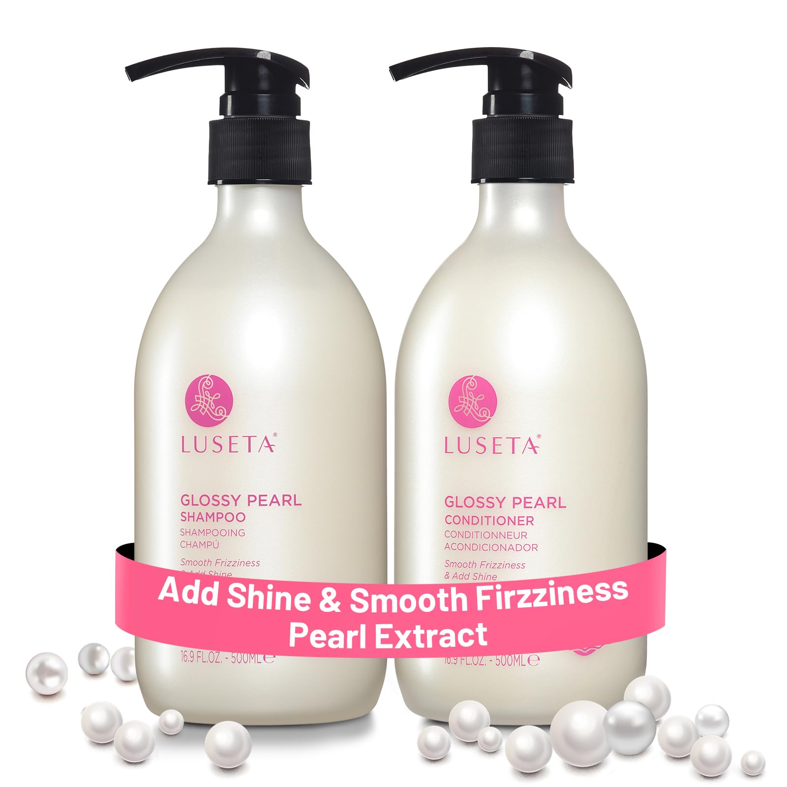 Luseta Glossy Pearl Shampoo bottle highlighting pearl extract for shine and hydration.