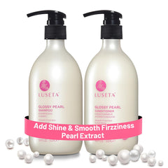 Luseta Glossy Pearl Shampoo bottle highlighting pearl extract for shine and hydration.