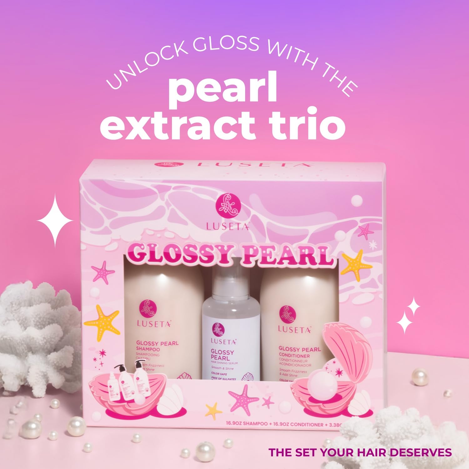 Luseta Glossy Pearl Trio hair serum bottle for hydration and detangling