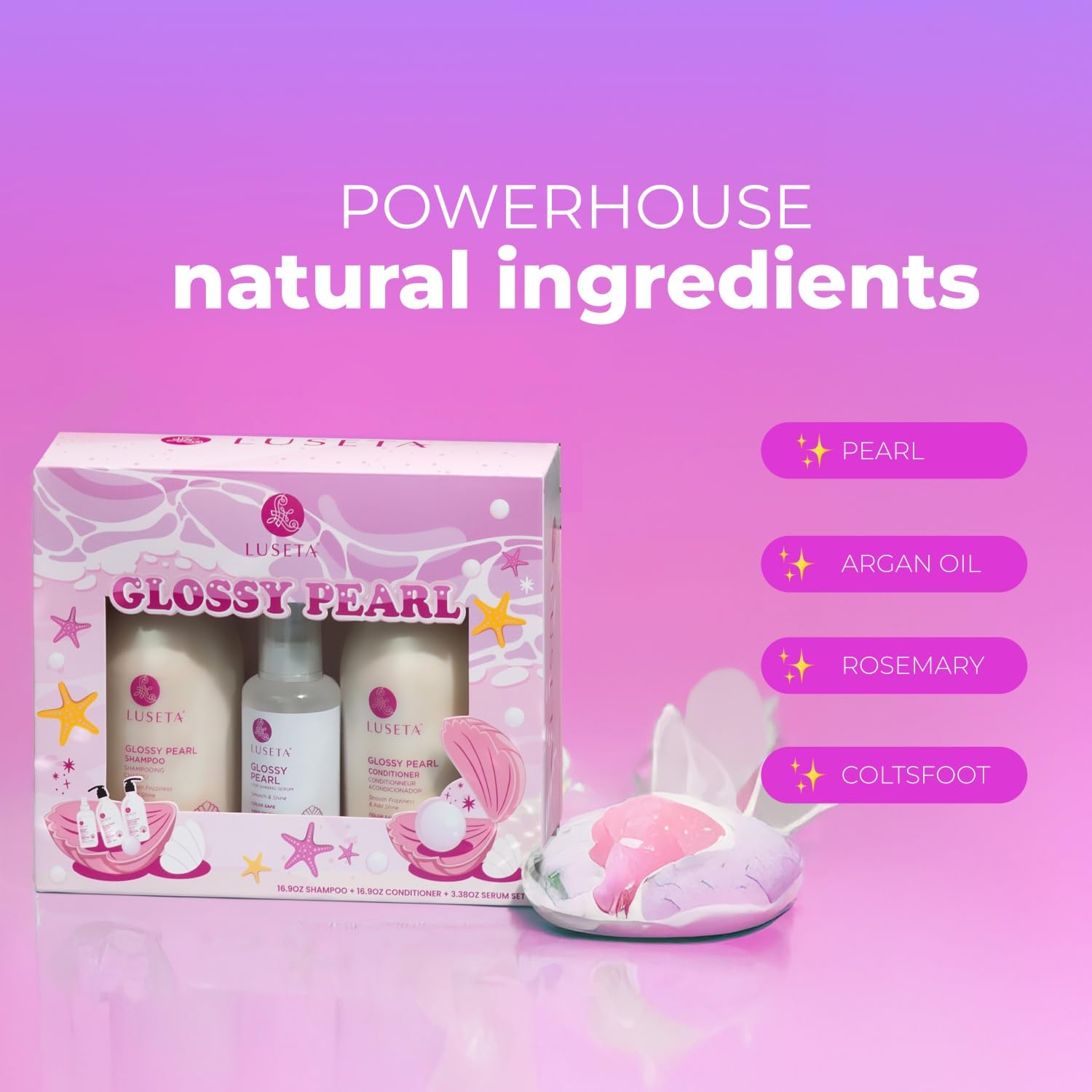 Luseta Glossy Pearl Trio set display for easy shopping