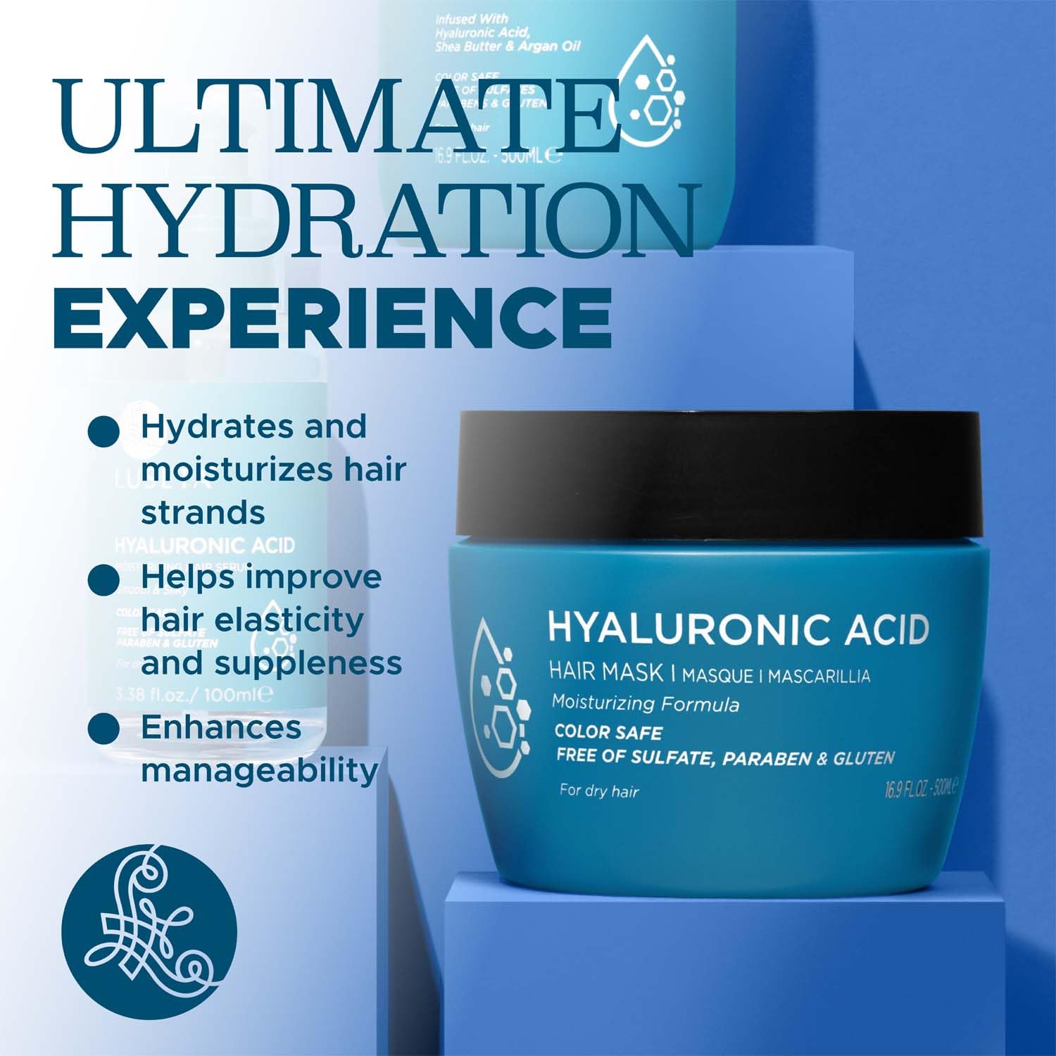 L LUSETA Hyaluronic Acid Hair Mask tub with Argan Oil and Shea Butter supports elasticity and frizz control