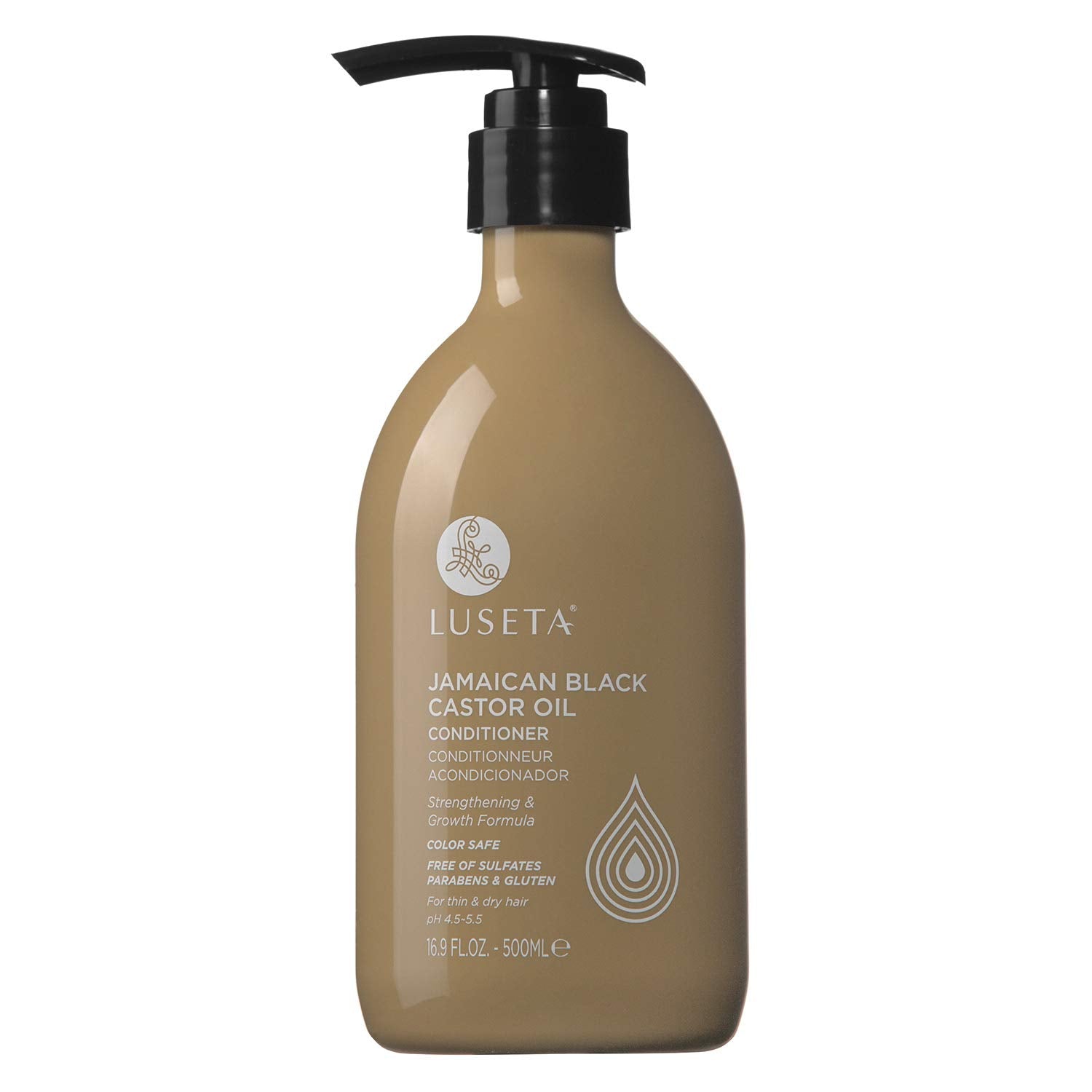 Luseta Jamaican Black Castor Oil Conditioner bottle highlights nourishing formula.