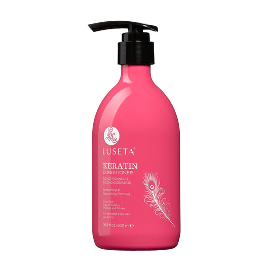 Luseta Keratin Conditioner bottle highlights hydrating formula for dry, damaged hair.