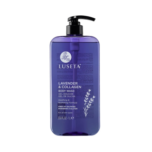 Luseta Lavender & Collagen Body Wash bottle with calming lavender aroma for daily spa-like showers.