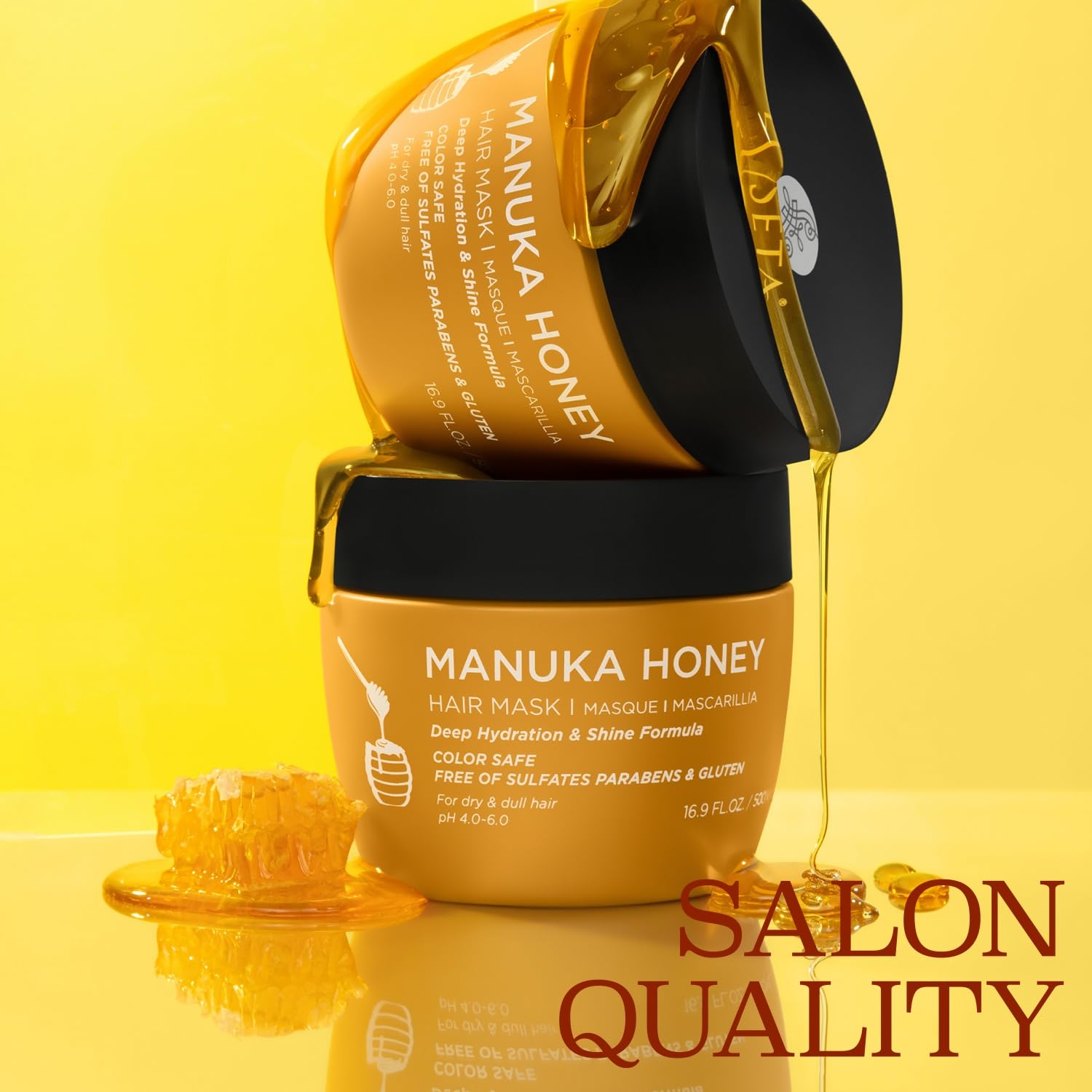 Luseta Manuka Honey Hair Mask ingredients label highlights nourishing oils for damaged hair.
