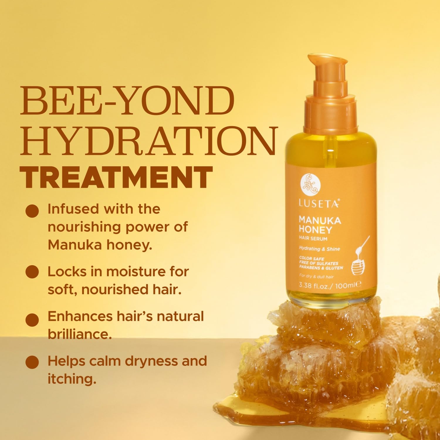 Luseta Manuka Honey Hair Oil close-up of honey and argan ingredients signaling rich moisture.