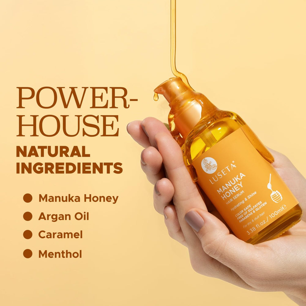 Luseta Manuka Honey Hair Oil shine shot suggests added luster and healthy sheen.