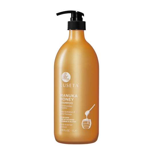 Luseta Manuka Honey Shampoo bottle pour showing moisturizing formula for dry hair