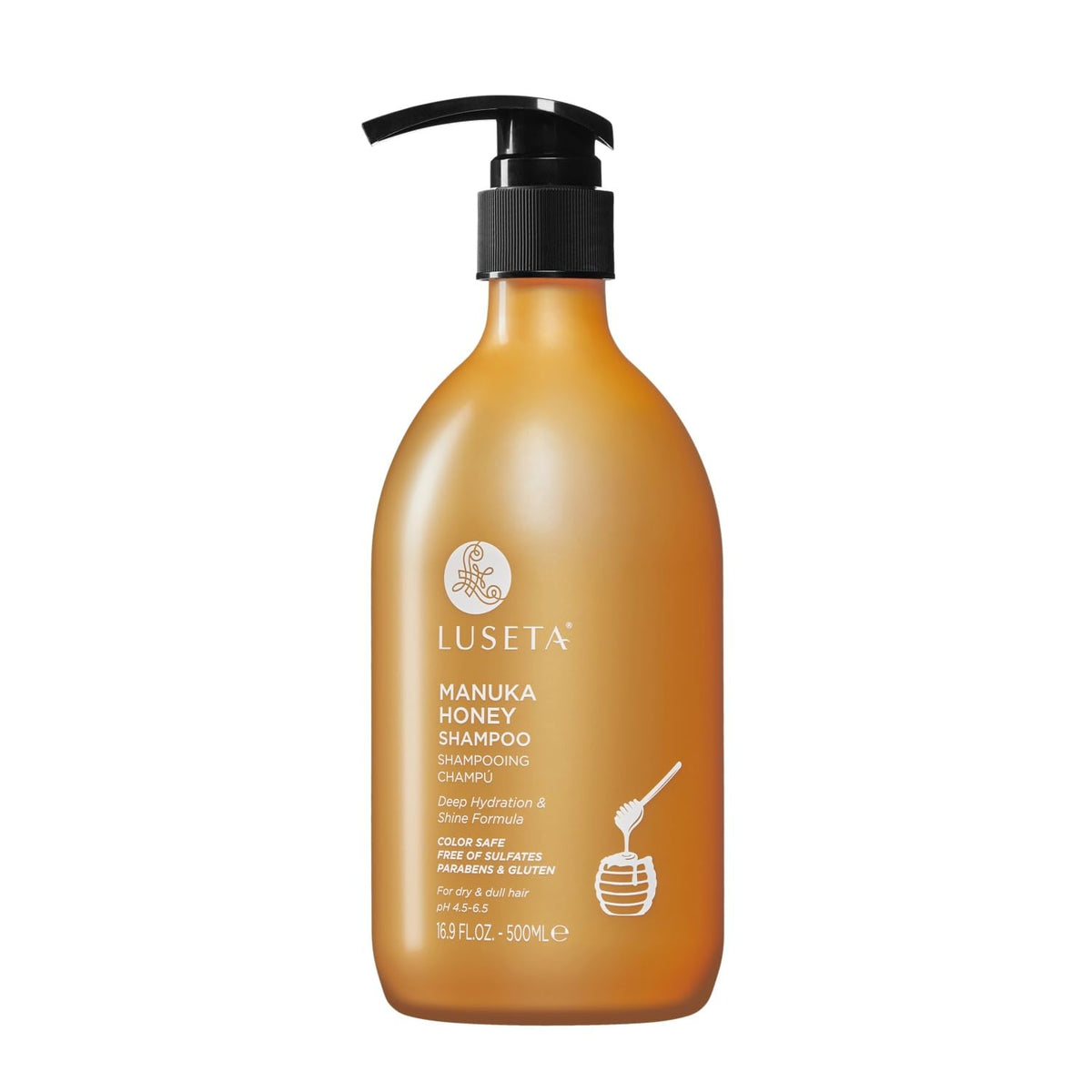 Luseta Manuka Honey Shampoo bottle with rich lather hydrates dry hair
