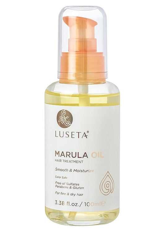 Luseta Marula Oil Hair Treatment bottle shows premium packaging and smoothing formula for fine hair