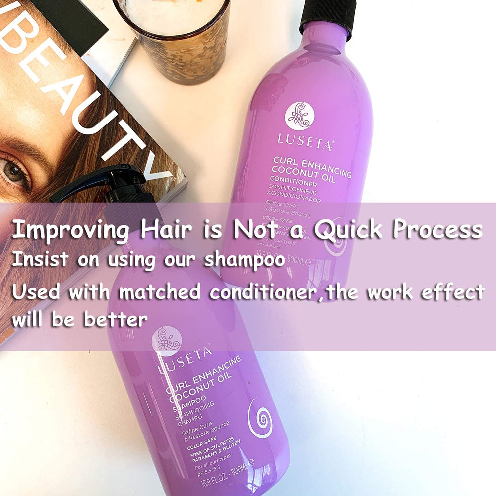 Product packaging highlights a 33.8 oz bottle for curl care.