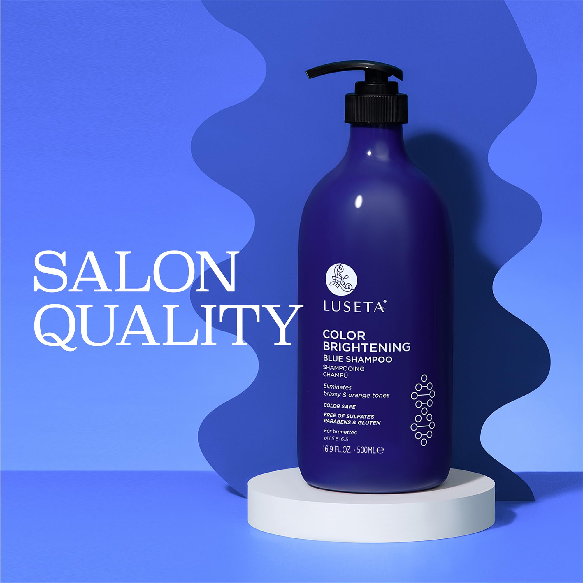Luseta 16.9oz bottle on vanity supporting a premium routine