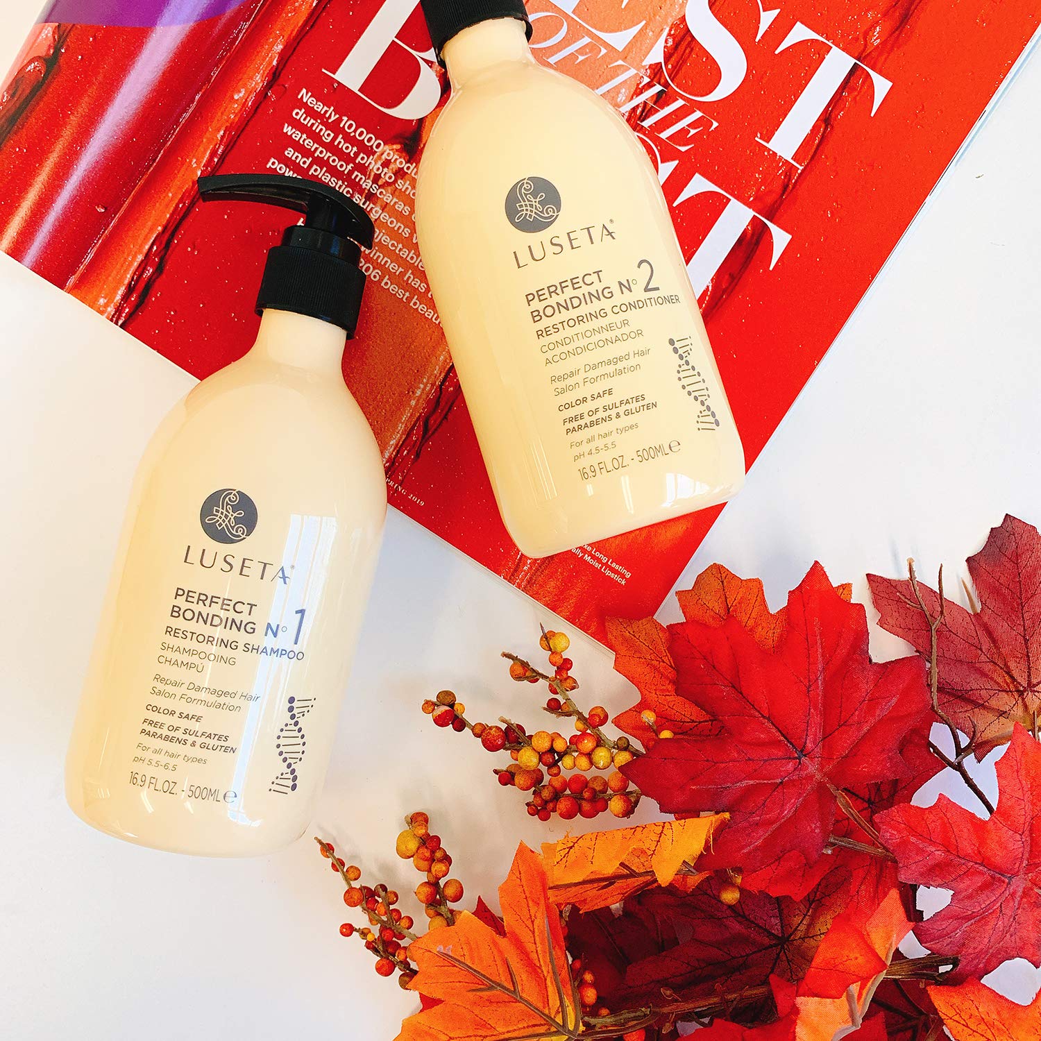 Luseta Perfect Bonding Restoring Conditioner label close-up highlights detangling benefits.