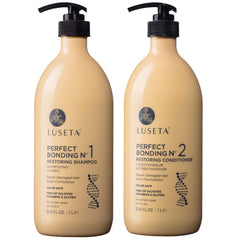 Luseta Perfect Bonding Restoring Shampoo bottle front highlights bond strengthening for resilient hair.