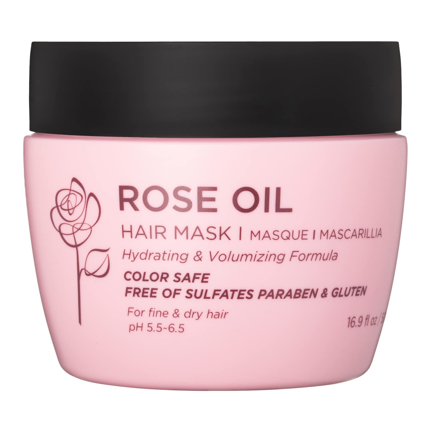 Luseta Rose Oil Hair Mask bottle shown, providing deep hydration and shine for dry hair