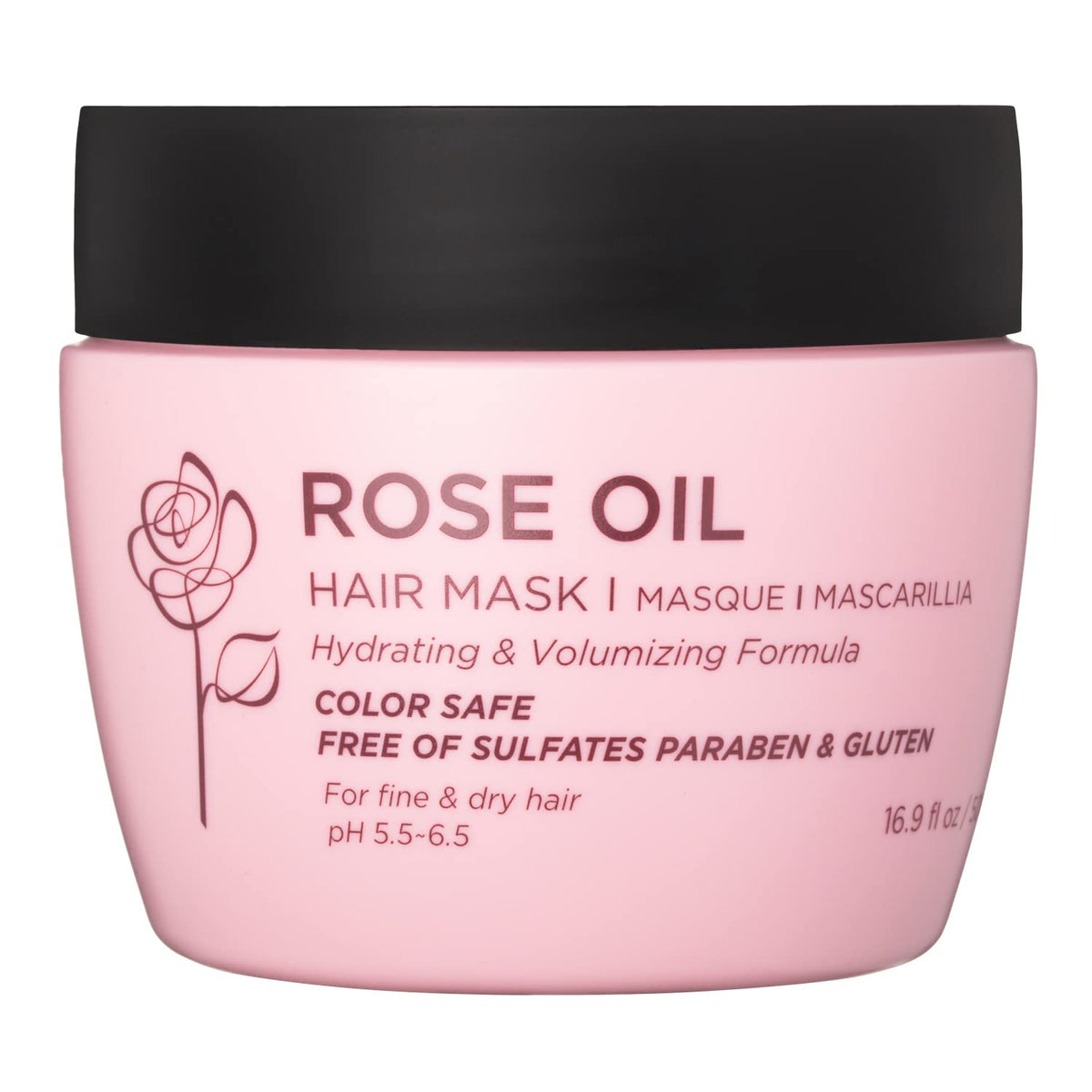 Luseta Rose Oil Hair Mask bottle shown, providing deep hydration and shine for dry hair