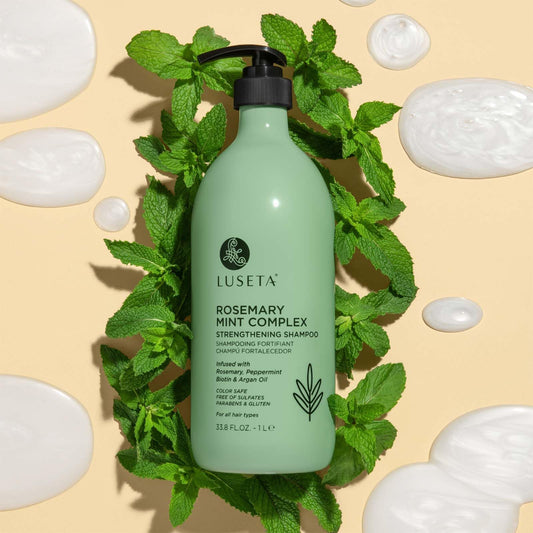 Luseta Rosemary Mint Strengthening Shampoo label close-up showing sulfate-free nourishment