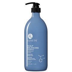 Luseta Scalp-Balancing Shampoo bottle highlights a gentle, clarifying cleanse for the scalp.