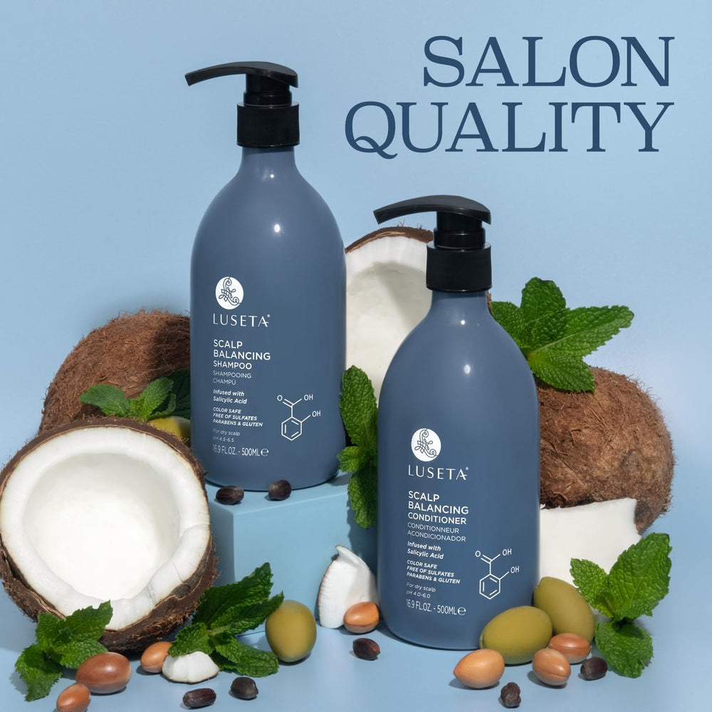Luseta bottle on shower shelf communicates lightweight hydration for hair.