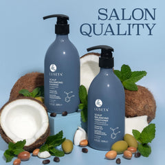 Luseta bottle on shower shelf communicates lightweight hydration for hair.