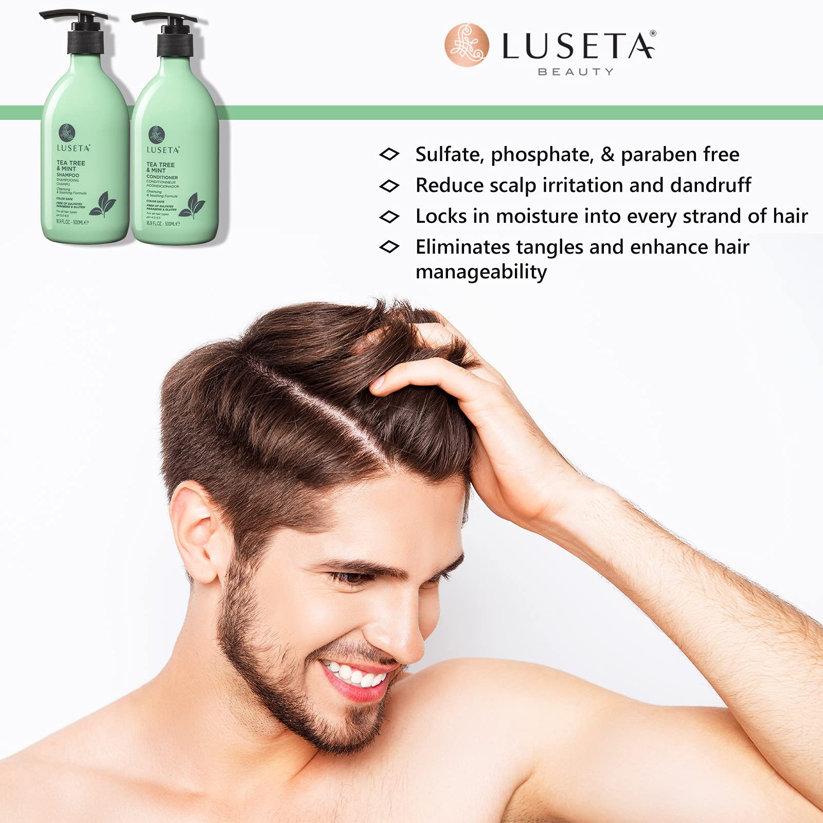 Pouring Luseta Tea Tree Mint Conditioner to start conditioning