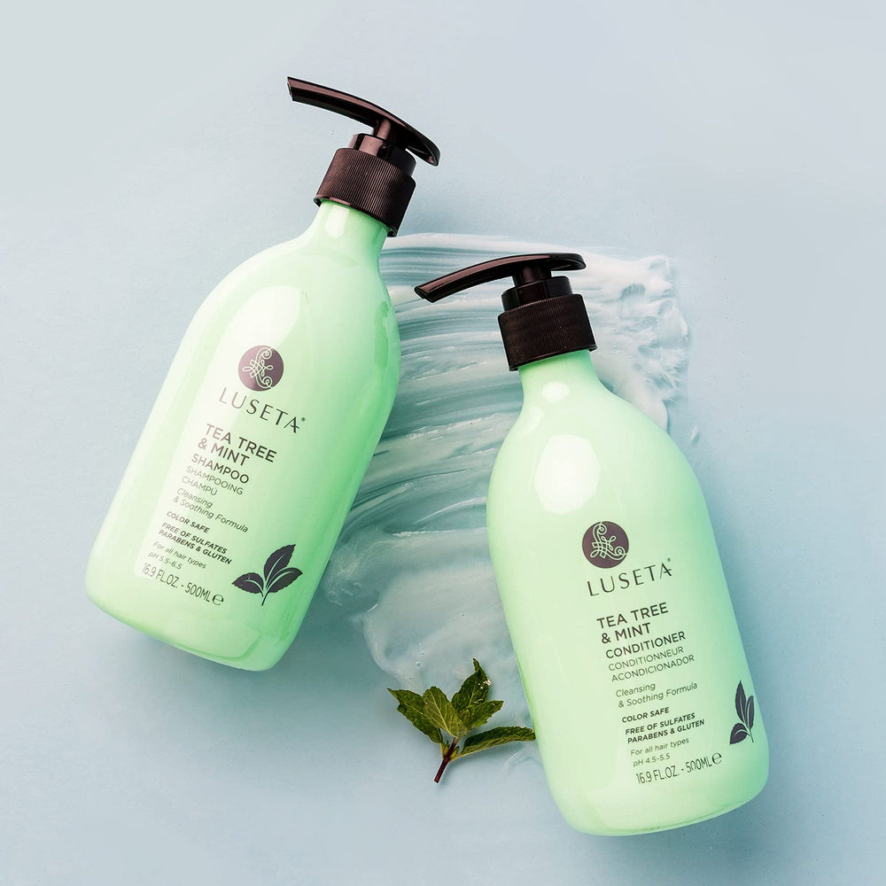 Ingredient closeup featuring tea tree and mint in Luseta formula.