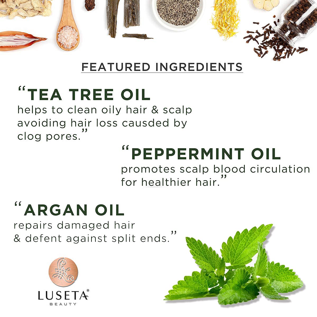 Luseta Tea Tree & Mint scalp closeup shows cooling relief.