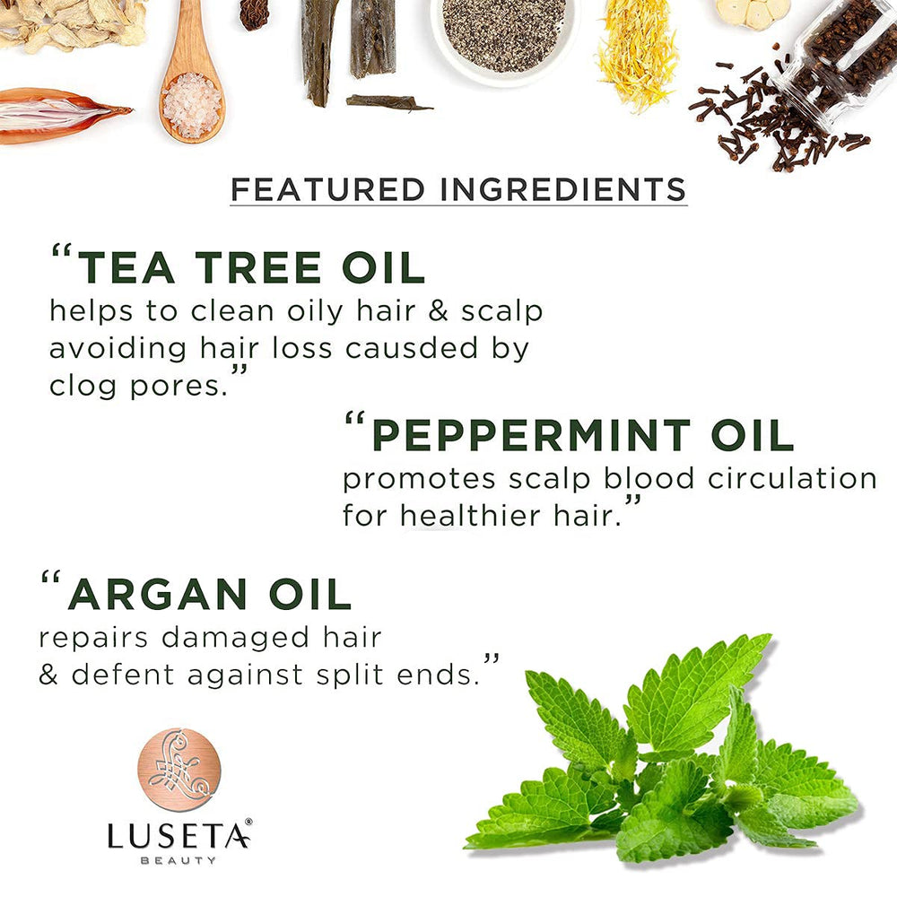Luseta Tea Tree & Mint scalp closeup shows cooling relief.