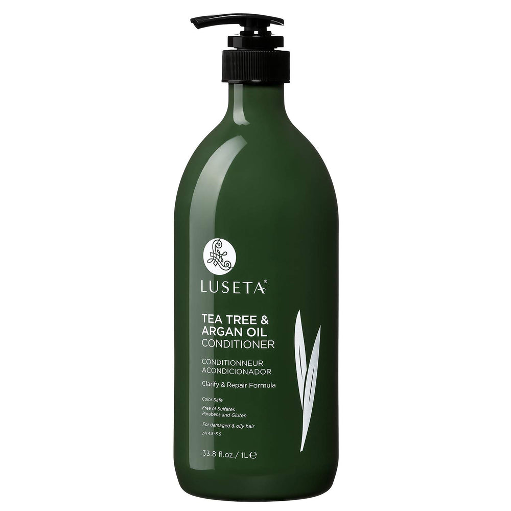 L LUSETA Tea Tree Oil Conditioner bottle pour for balanced scalp and smooth hair.