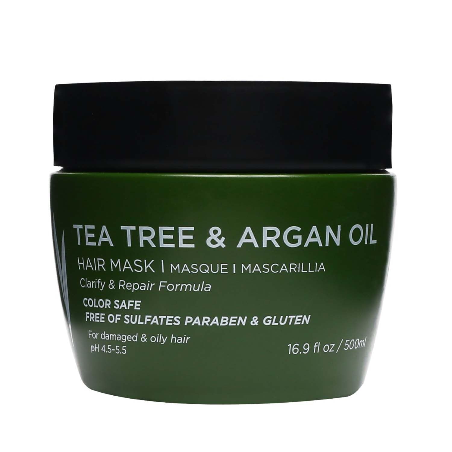 Luseta Tea Tree Oil Hair Mask bottle showing hydrating, color-safe formula for healthy hair