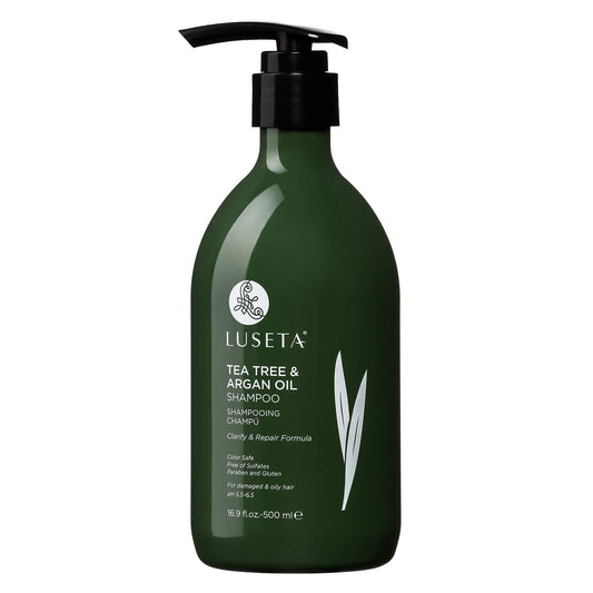 Luseta Tea Tree Shampoo bottle highlights a sulfate free formula for gentle cleansing