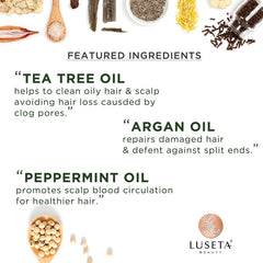 Close up of the Luseta label emphasizes argan oil infusion for hydration