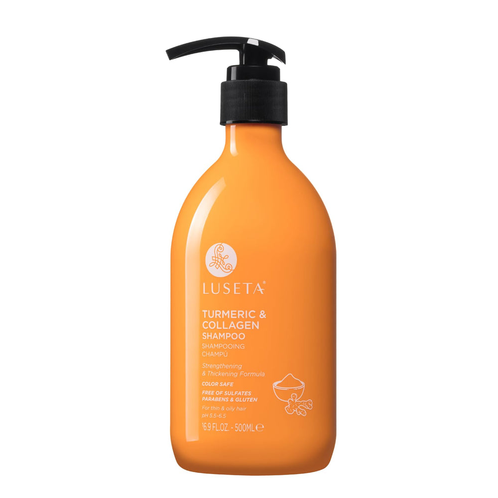 Closeup of Luseta Turmeric & Collagen shampoo label highlighting color-safe formula.