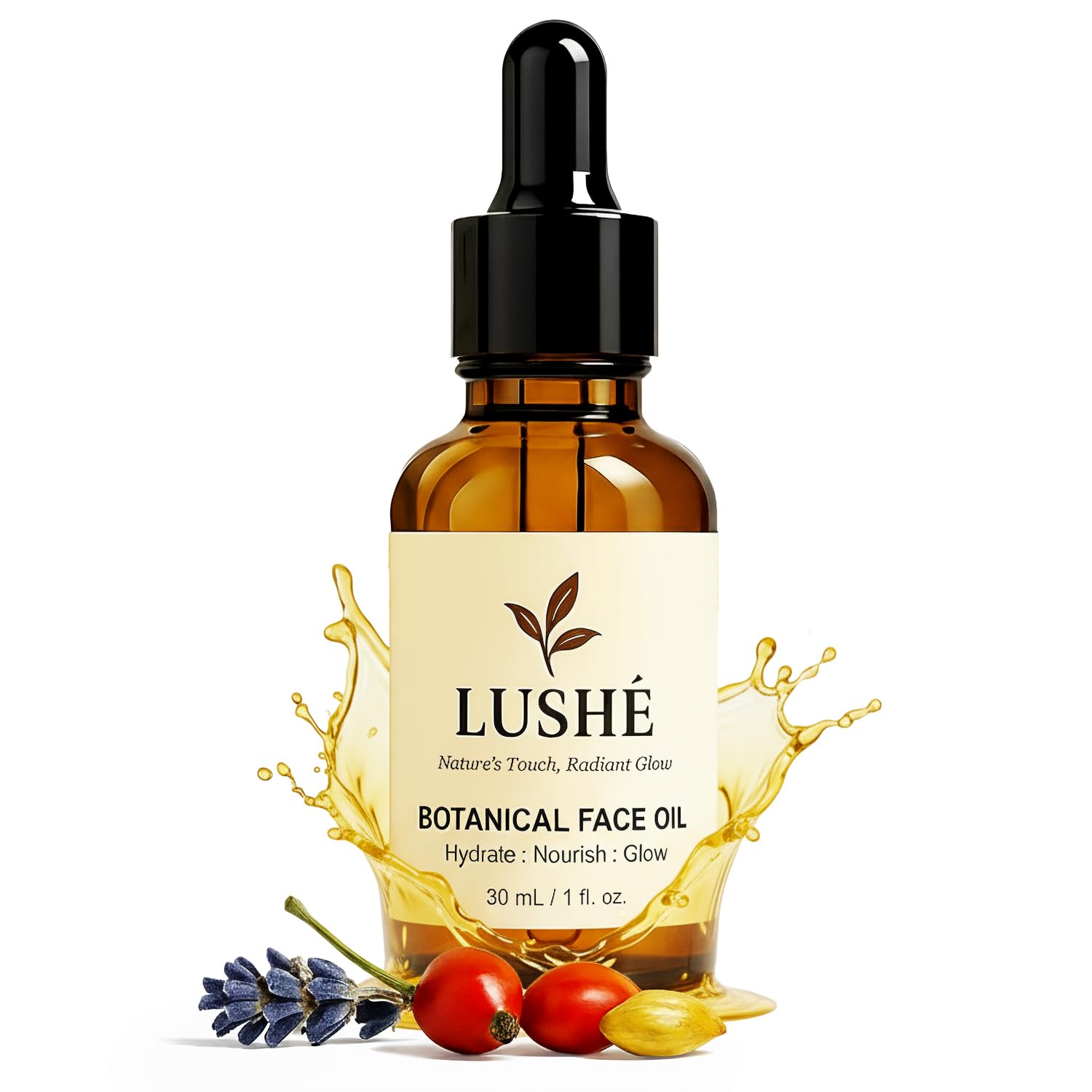 LusheCare Vitamin E Face Oil bottle close-up for lightweight hydration.