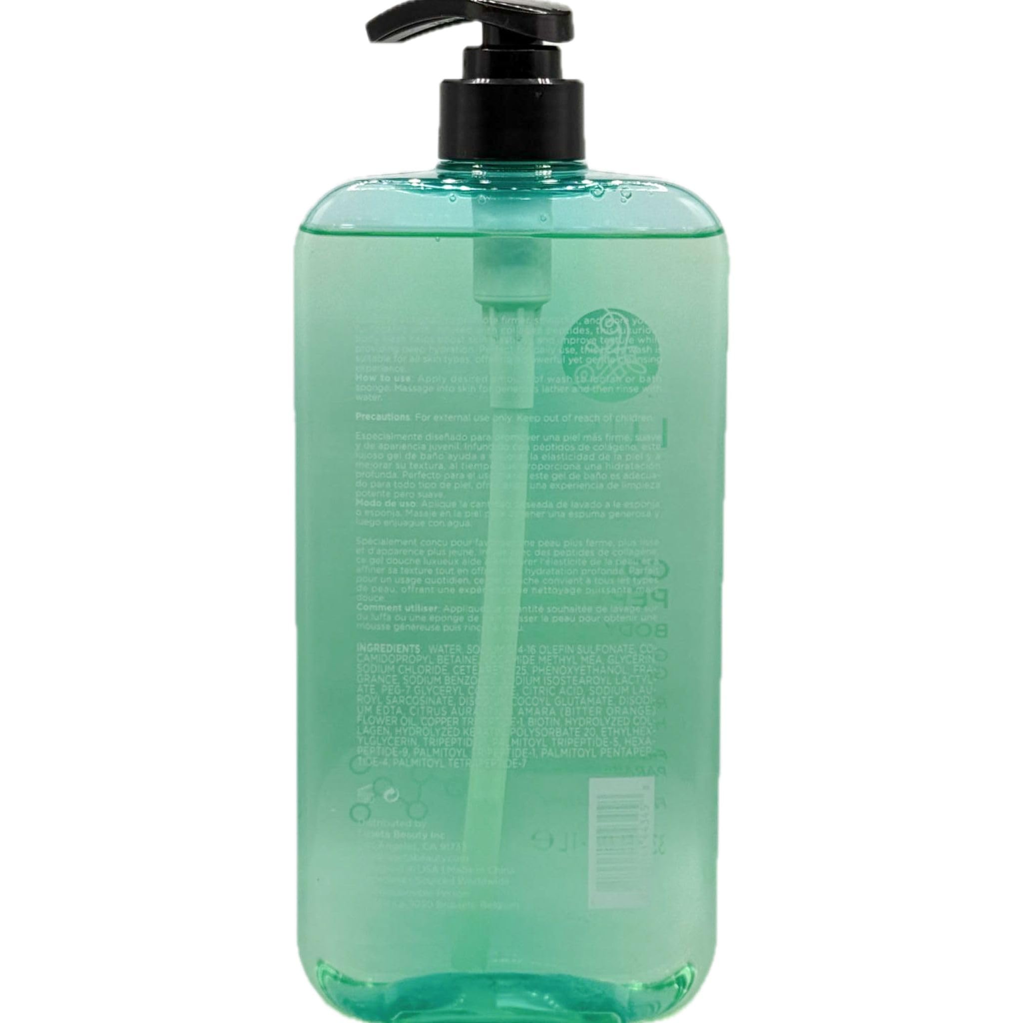 Luseta Collagen Peptides Body Wash clear bottle signaling moisture balance formula.