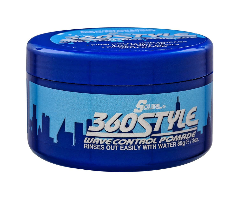 Luster's S-Curl 360 Wave Control Pomade on neutral background for recognition.