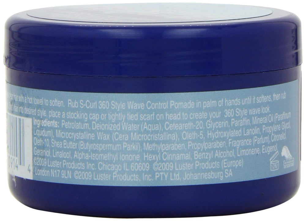 Luster's S-Curl 360 Wave Control Pomade jar dispense shot for easy portioning.