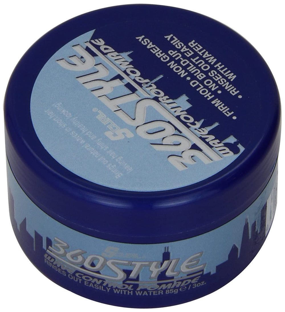 Luster's S-Curl 360 Wave Control Pomade tin label supports easy daily styling.
