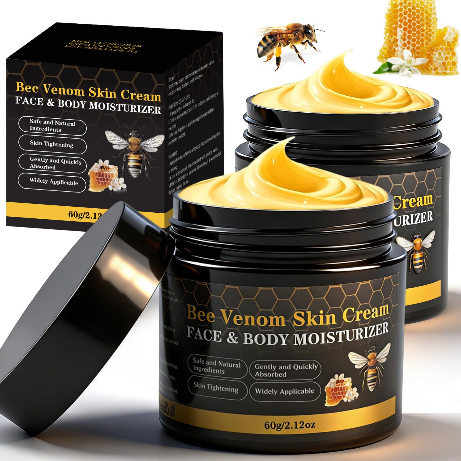 Lustrchron Bee Venom Cream packaging shows premium care for all skin types