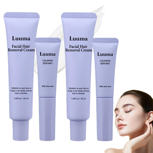 Luuma facial hair removal cream packaging showcasing compact travel friendly design
