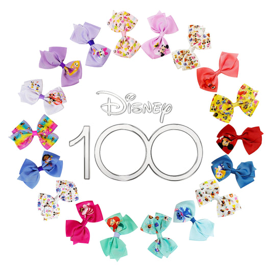 LUV HER Disney 100th anniversary bow clips—18 colorful pieces for party-ready hairstyles.