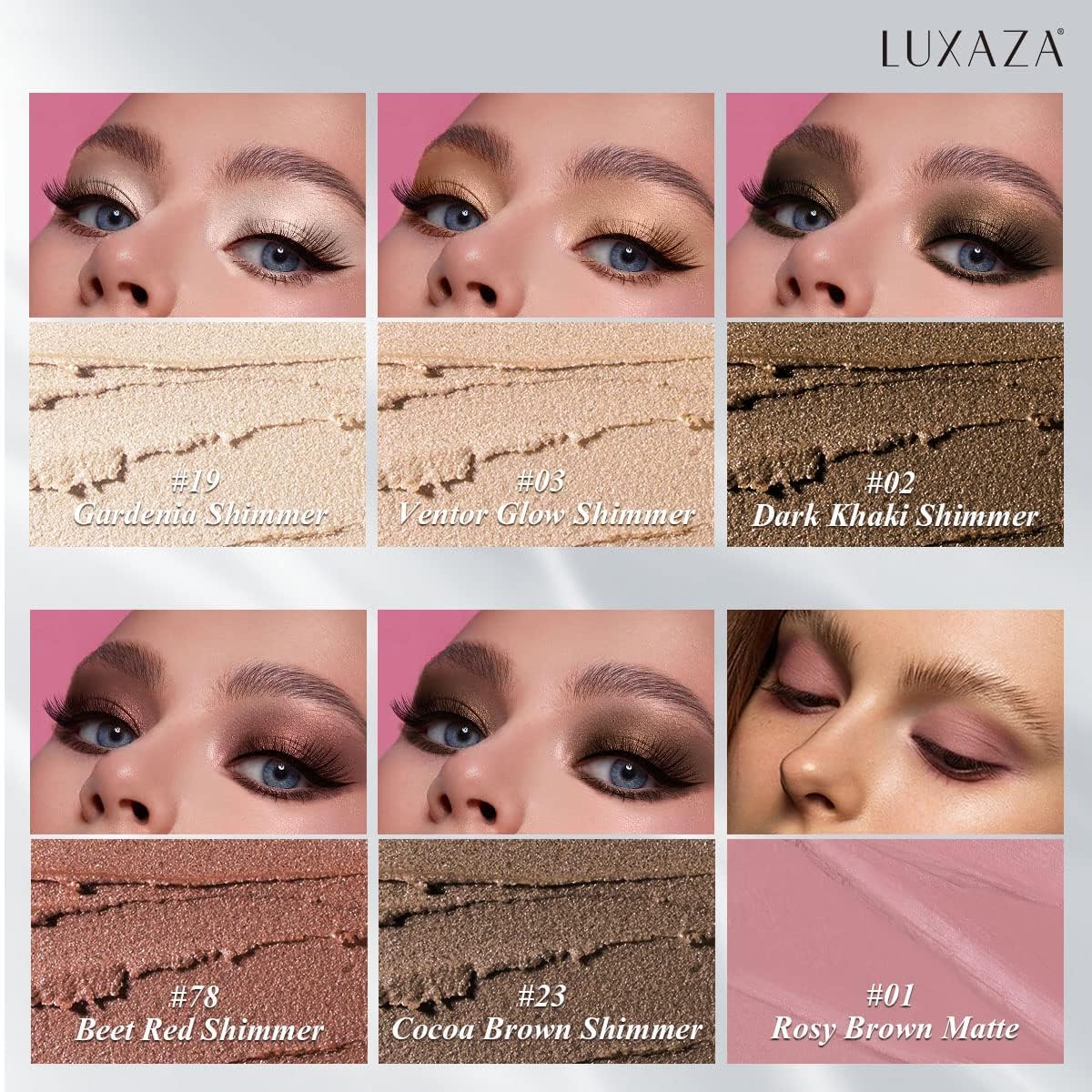 LUXAZA eyeshadow sticks swatches reveal metallic and matte finishes for buildable color.