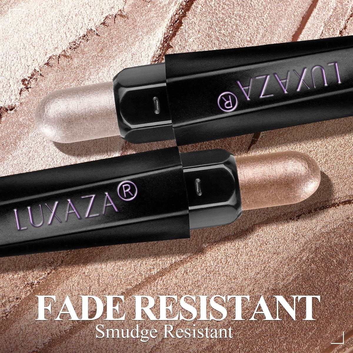 LUXAZA Champagne Pink Eyeshadow Stick blending brush end helps smudge-proof finish.