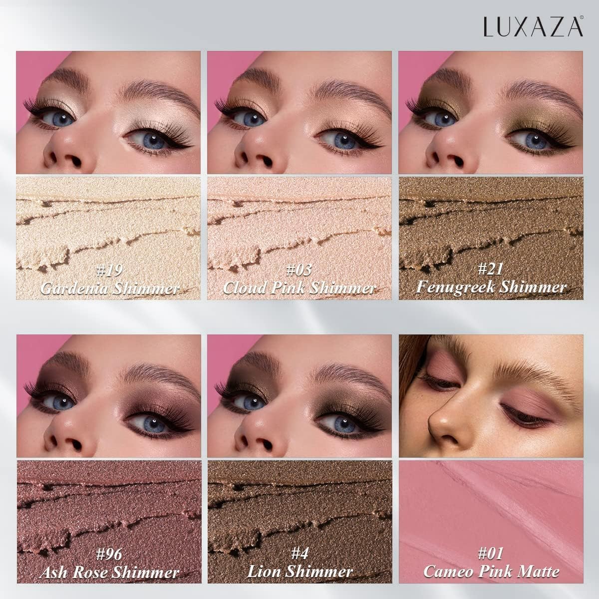 Luxaza eyeshadow swatches in neutral pink-brown tones for versatile daily looks