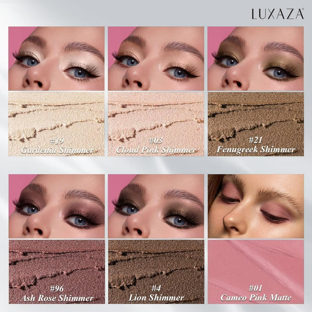 Luxaza eyeshadow swatches in neutral pink-brown tones for versatile daily looks